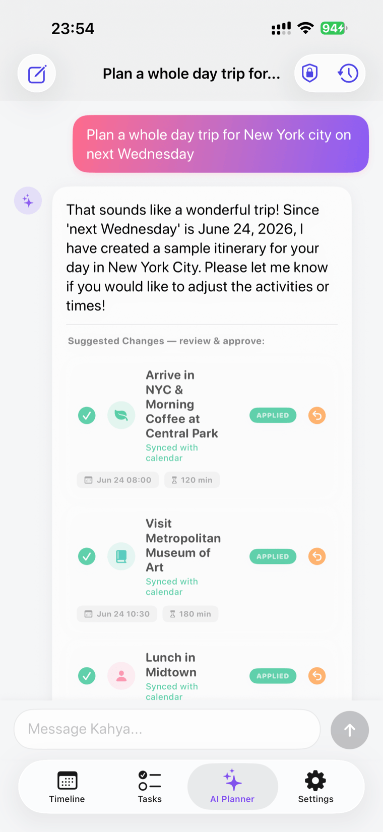 Kahya AI Planner building a full-day trip itinerary